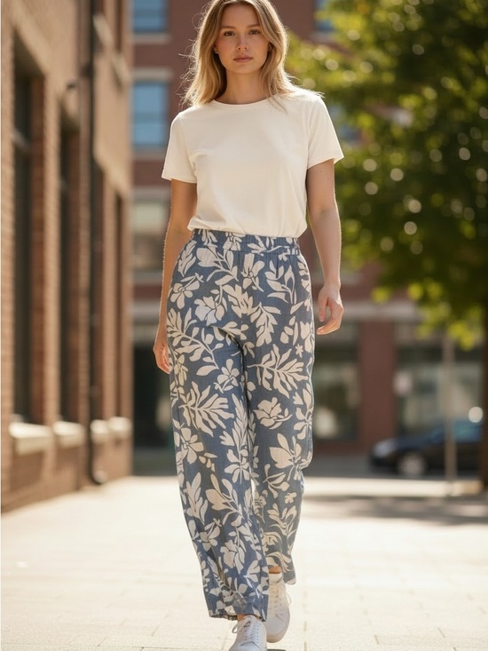 Christian Siriano Pants - Wide-Leg Floral Print Pants in Blue and White
